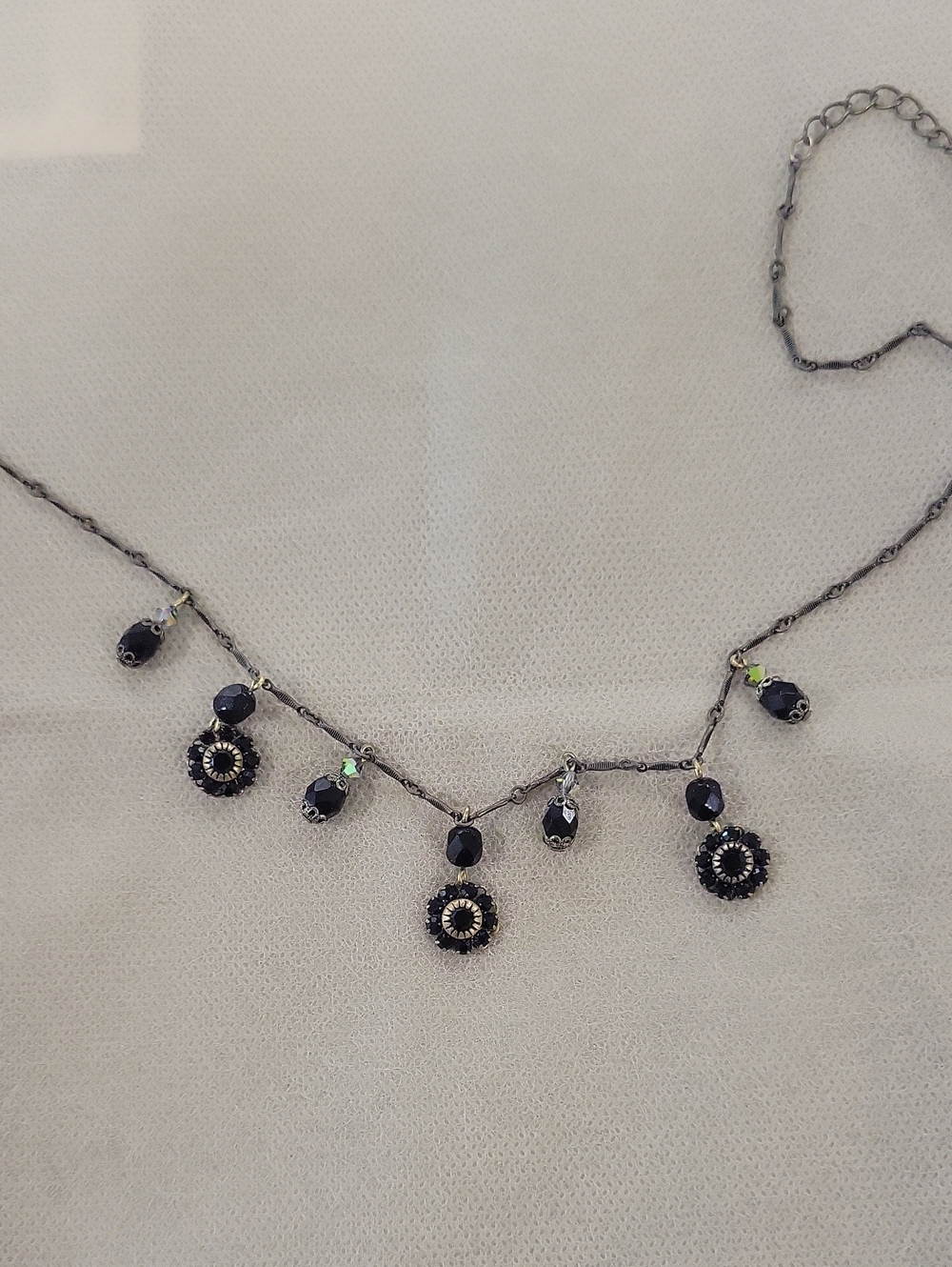 1928 Black Crystal Drop Necklace with Floral Charms